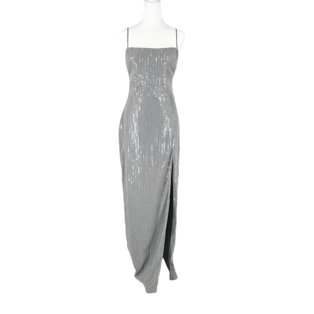 Nwt Rasario Silver Sequin Embellished Square Neck Maxi Gown — image 2 of 8